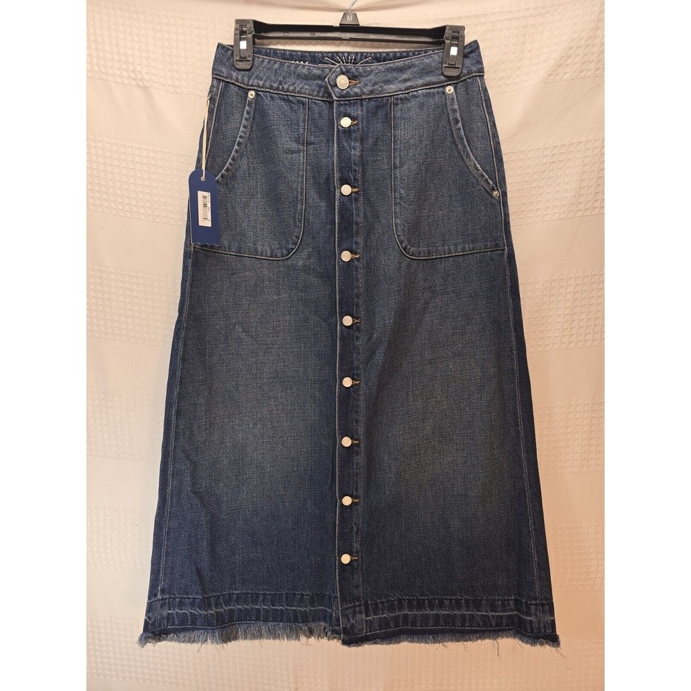 Daily Blue Womens Denim Button Down Skirt Tephy Blue Maxi Raw Hem Size S